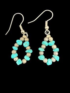 Turquoise Bead Teardrop Earrings - Silver Tone